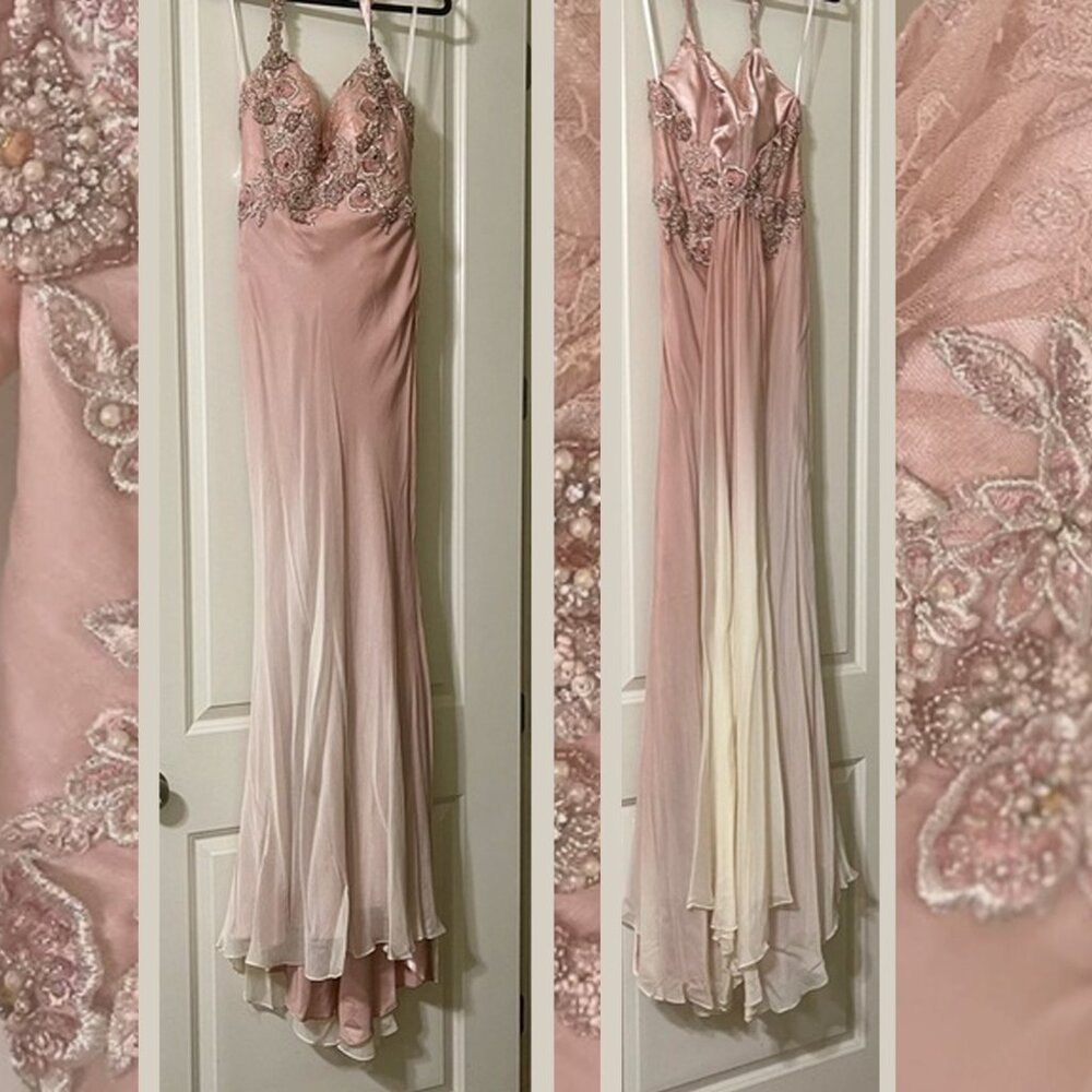 Mac Duggal Pink Floral Embellished Halter Dress Silk Chiffon